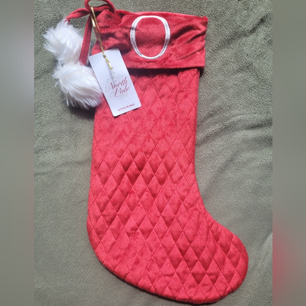🎄 North Pole Trading Co. Quilted Velvet Christmas Stocking – Monogram "O"